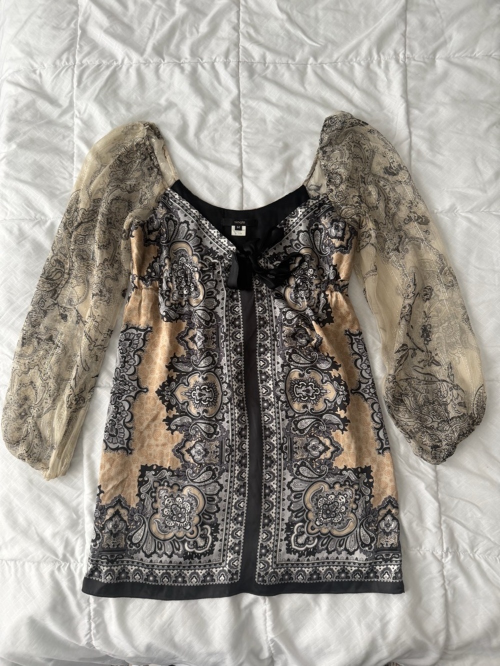 Vintage 100% Silk Satin Tapestry Mini Dress M Flowy Y2K 90s Peasant Boho Flowy